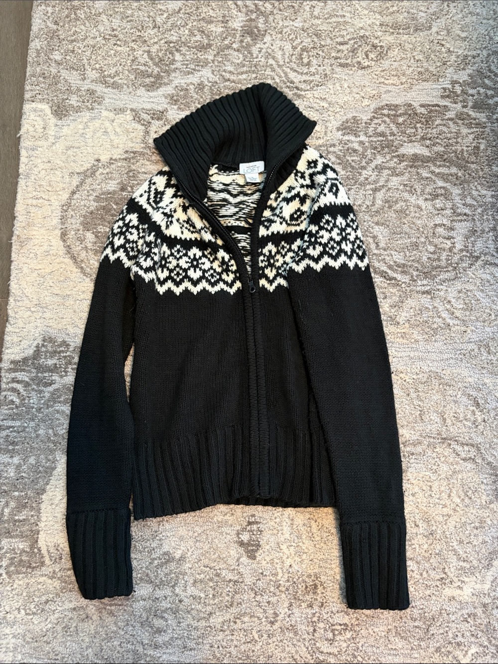 LOFT Black & White Fair Isle Zip Cardigan